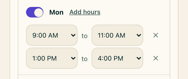 Monday open from 9 to 11 AM and again from 1 to 4 PM in Availability settings.