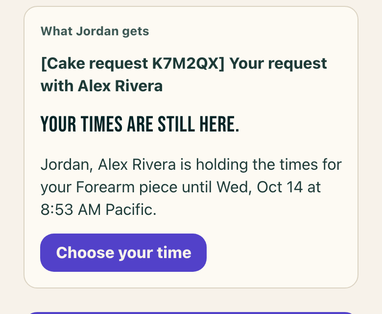 The Nudge sheet for Jordan: the email the client gets, with a Choose your time button.