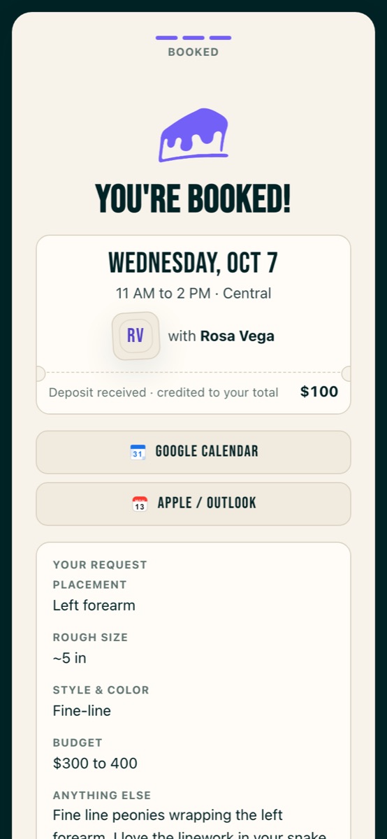 The client's booked page: Wednesday Oct 7, 11 AM to 2 PM, with Rosa Vega, deposit received and credited to the total