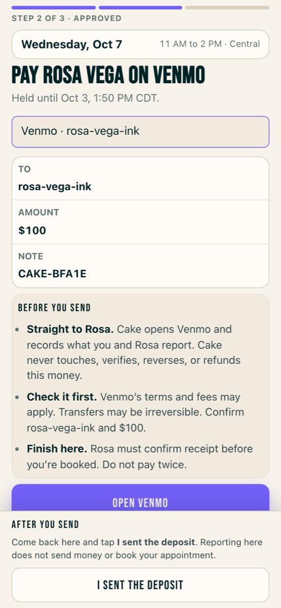 The client's deposit page: pay Rosa Vega on Venmo, to rosa-vega-ink, 100, with the note CAKE-BFA1E