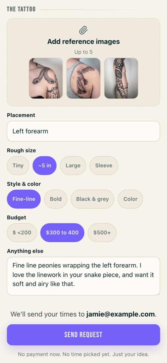 Part of the client's request form: rough size with about 5 inches picked, and style with fine-line picked