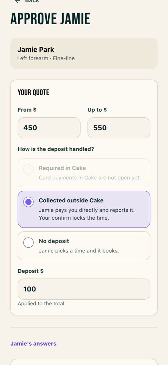 The approve screen in the Cake studio: the deposit collected outside Cake is picked, no deposit is the other choice, and the deposit is 100