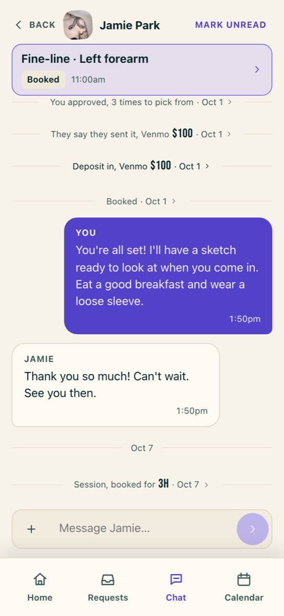 The top of a chat in the Cake studio: the booking card, then each step of its history (approved, deposit in, booked) above the messages