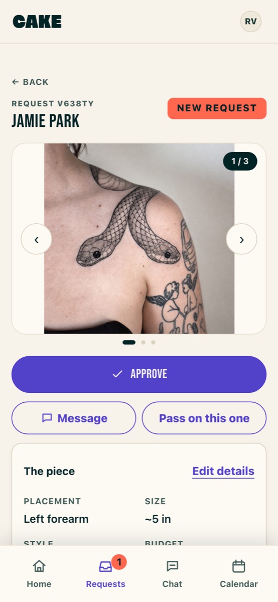 The top of the request in the Cake studio: Jamie Park, a new request tag, the client's reference photo, and the Approve button